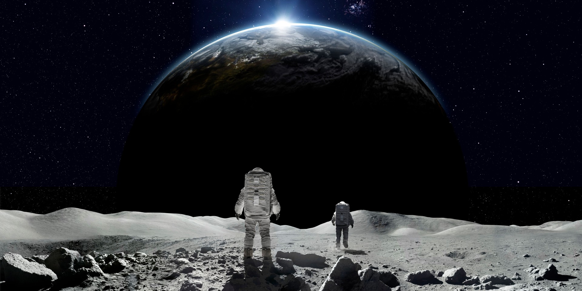 Astronauts On Moon Watching Sunrise Over Earth